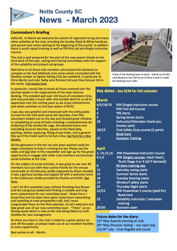Newsletters Notts County Sailing Club